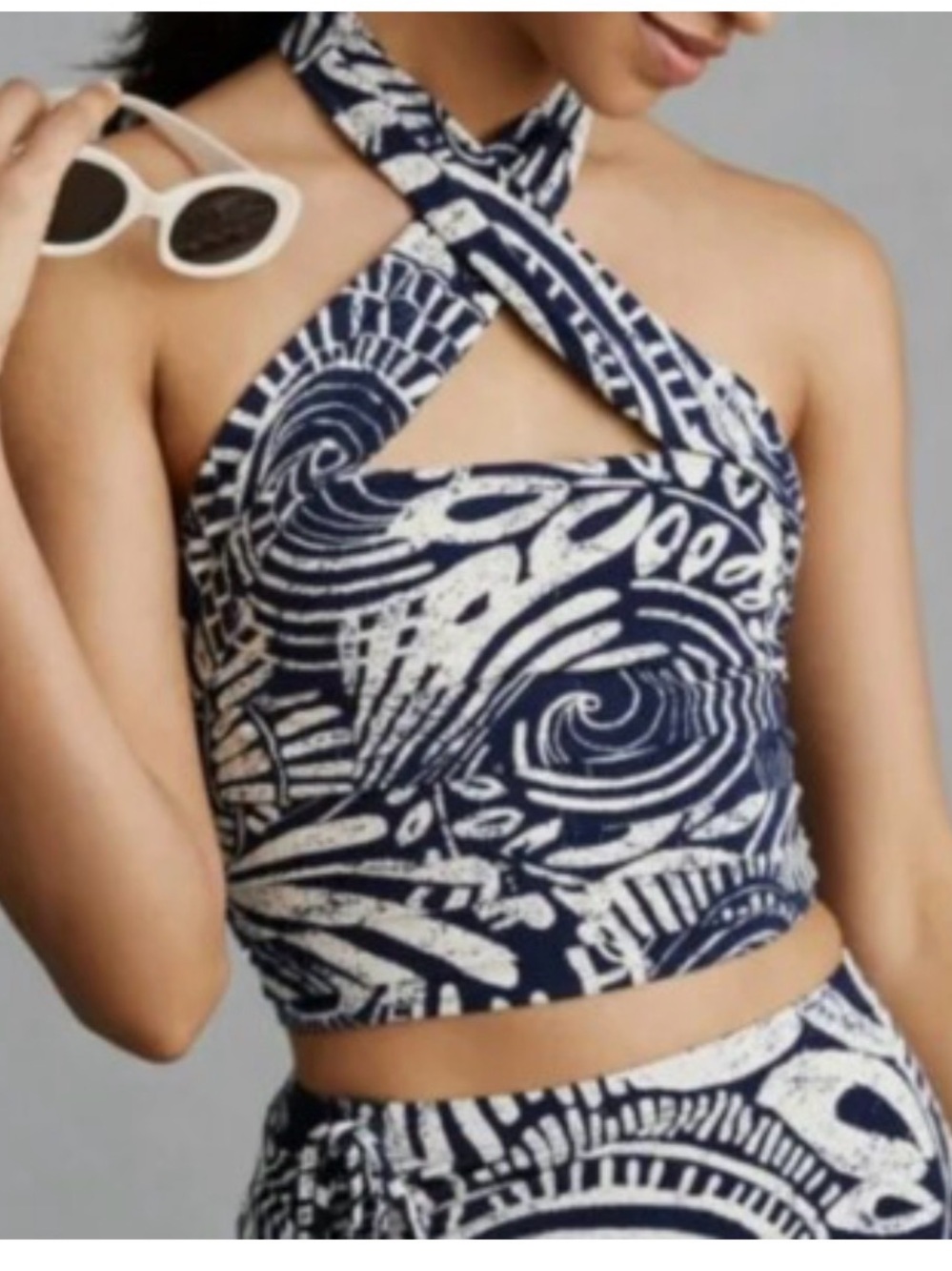 Anthropologie Navy and White Cross-Neck Halter Crop Top